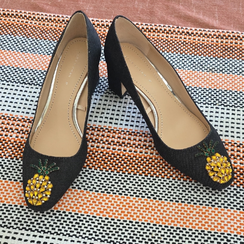 Zara Black Heels with Gold Pineapple Embroidery